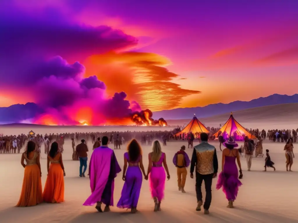 Vestuario festival Burning Man: Deslumbrante puesta de sol en desierto con festivalgoers asombrados