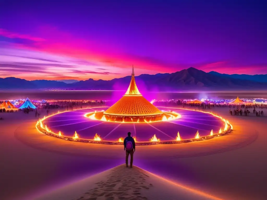 Paisaje del desierto al atardecer con el icónico festival Burning Man en primer plano