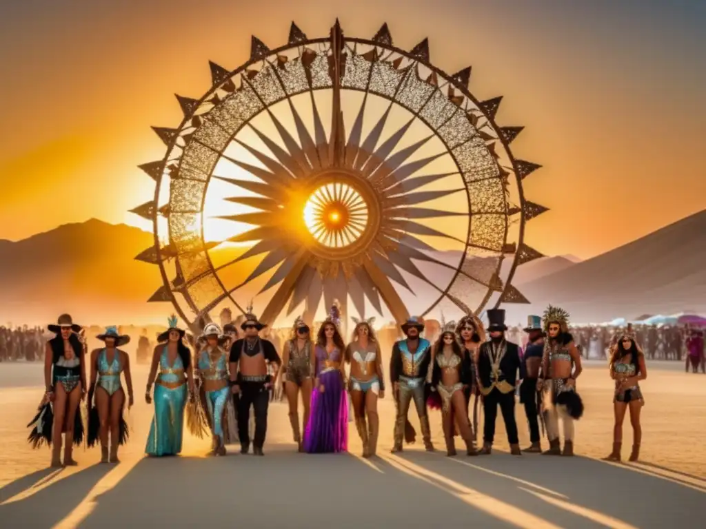 Vestuario festival Burning Man: personas en trajes extravagantes en un desierto con una instalación artística al fondo