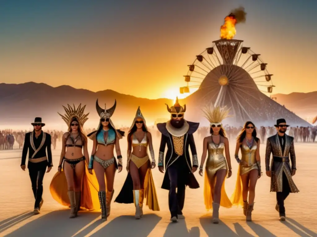 Vestuario festival Burning Man: Grupo de personas con trajes imaginativos y coloridos en el desierto de Black Rock City al atardecer