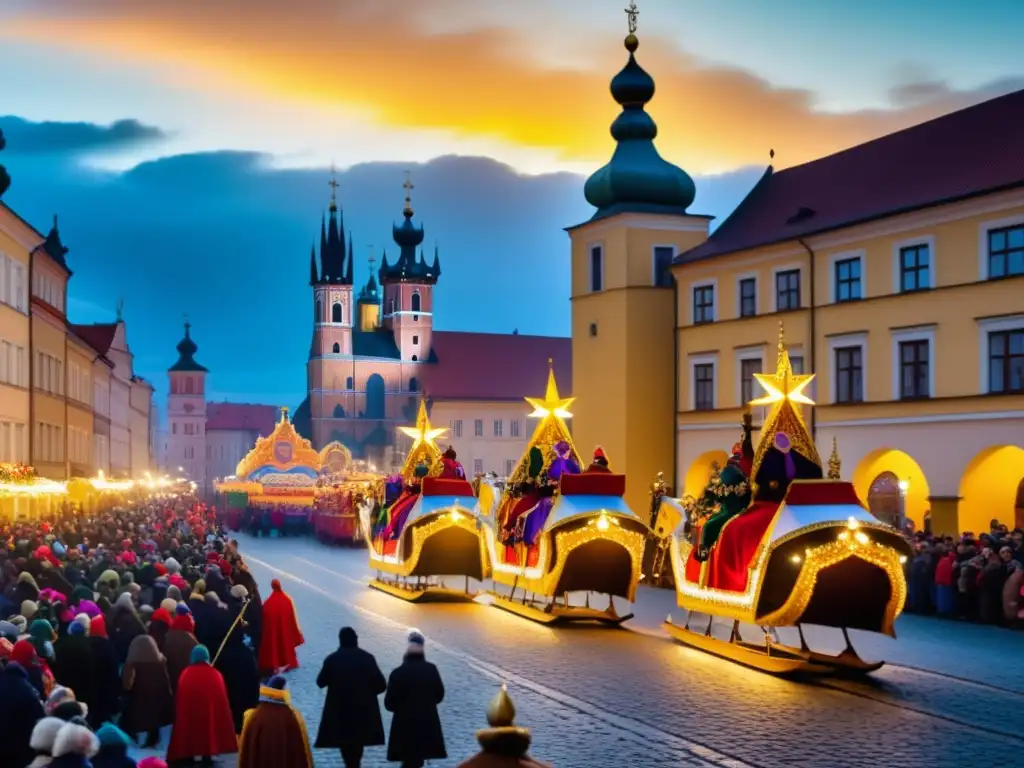 Imagen de la Cabalgata de los Reyes Magos en el Festival de los Tres Reyes en Polonia, colores vibrantes y detalles impresionantes