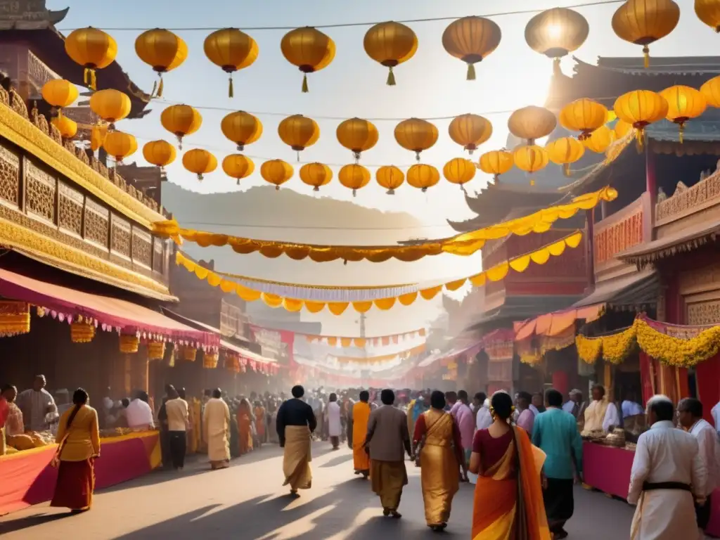 Festivales religiosos y culturales: una imagen serena y etérea de una vibrante y bulliciosa calle durante un festival religioso y cultural