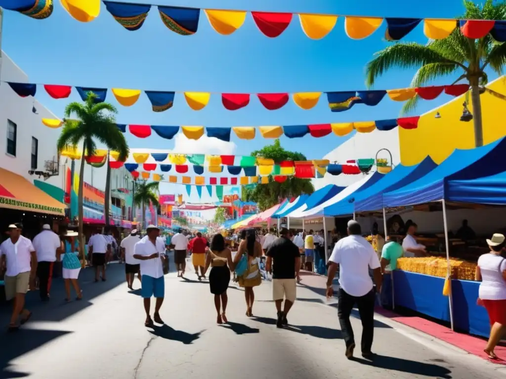 Festival de la Calle Ocho en Miami: Calle llena de vida, luces y sabores latinoamericanos, con gente, música y decoraciones vibrantes