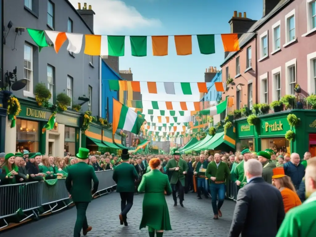 Celebración tradicional San Patricio en vibrante calle de Dublín, llena de gente vestida de verde, música irlandesa y exquisita gastronomía