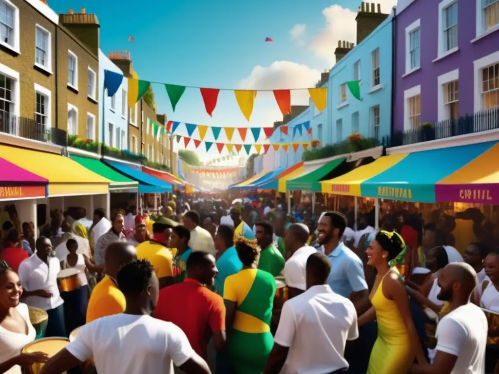 Vibrante escena del carnaval en Notting Hill con banderas caribeñas, trajes coloridos y bailarines