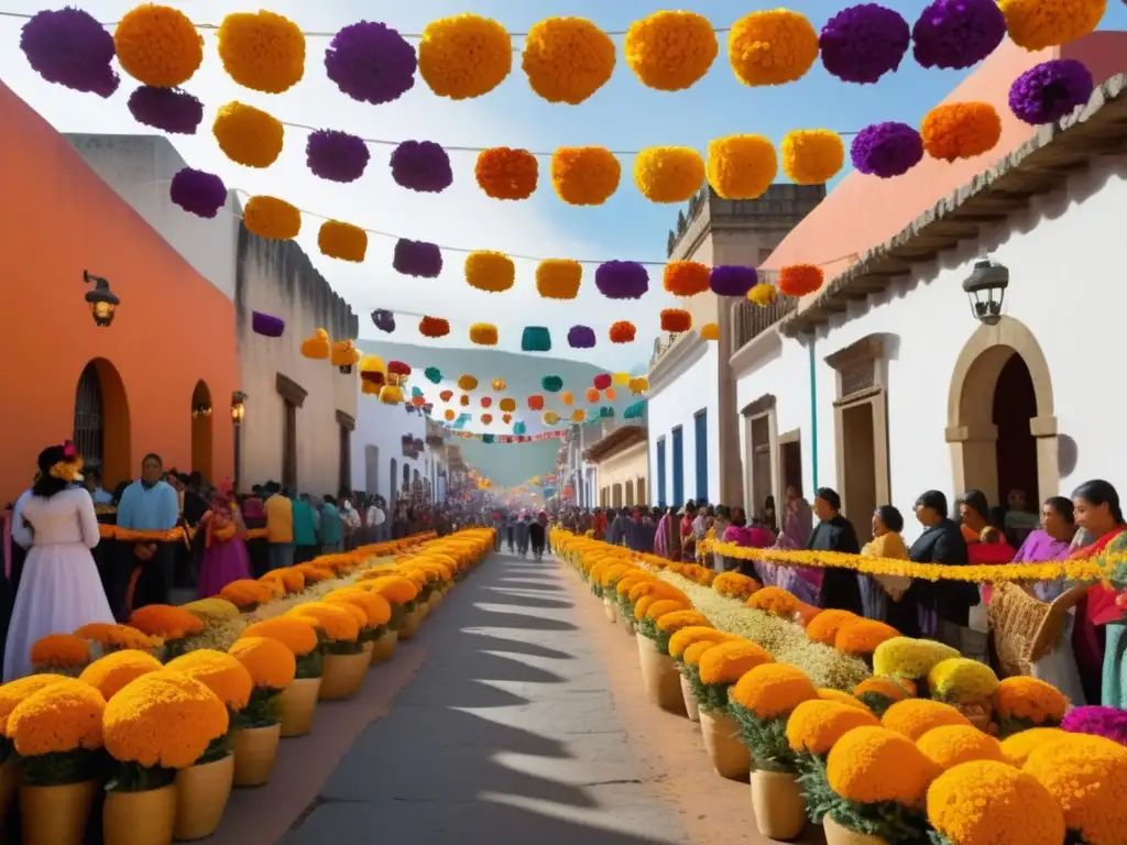 Calle animada en Oaxaca durante festividades tradicionales del Día de los Muertos en México