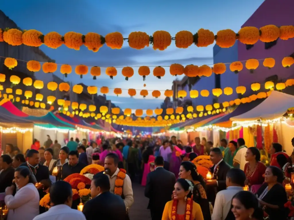 Festival de los Muertos en México: una imagen vibrante y etérea de una calle bulliciosa durante el festival, llena de colores vivos y decoraciones intrincadas, que captura la esencia de la celebración