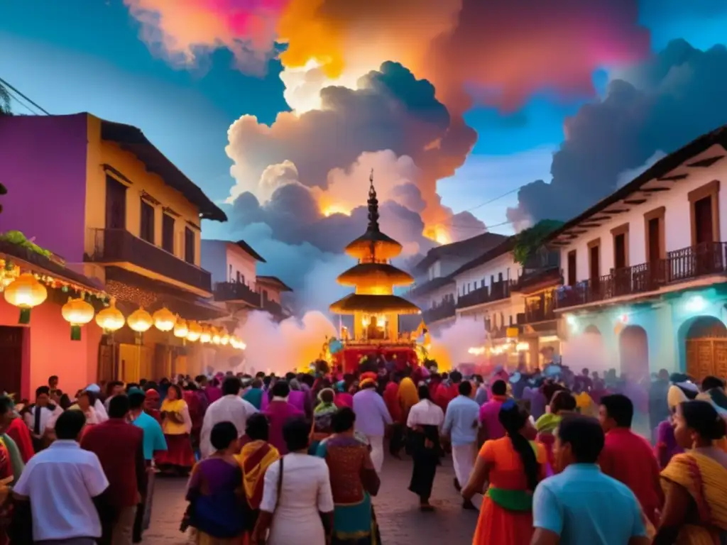 Festividades tradicionales de santos en América Latina: colorida imagen de una calle bulliciosa durante una celebración festiva