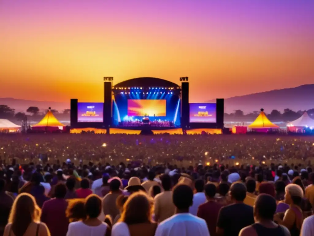 Festival de música tradicional: campo abierto, luz dorada, escenario colorido, multitud entusiasta, ondas de sonido