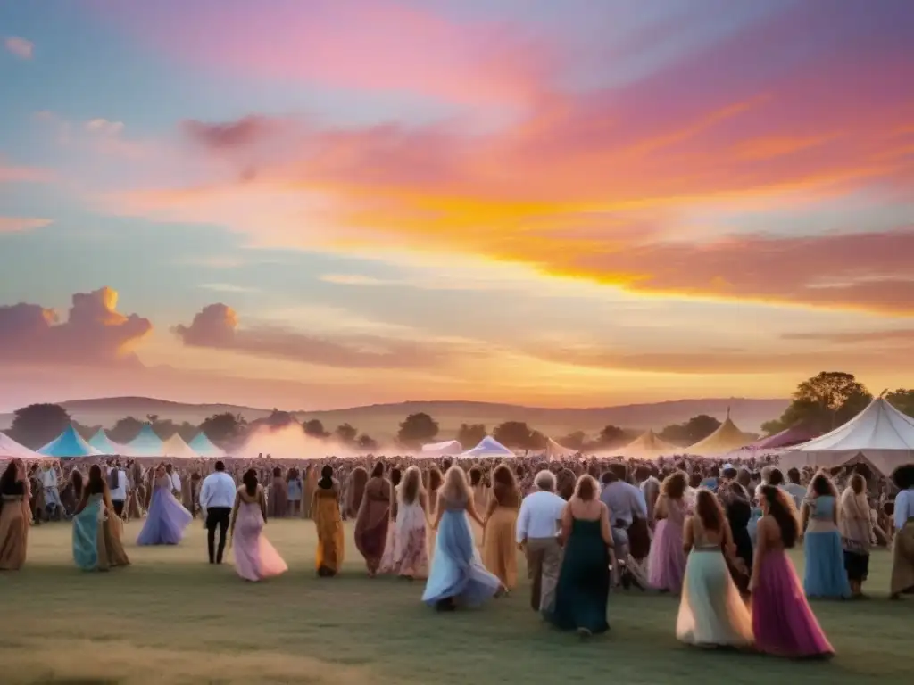 Campo abierto al atardecer con festival de vestimenta tradicional