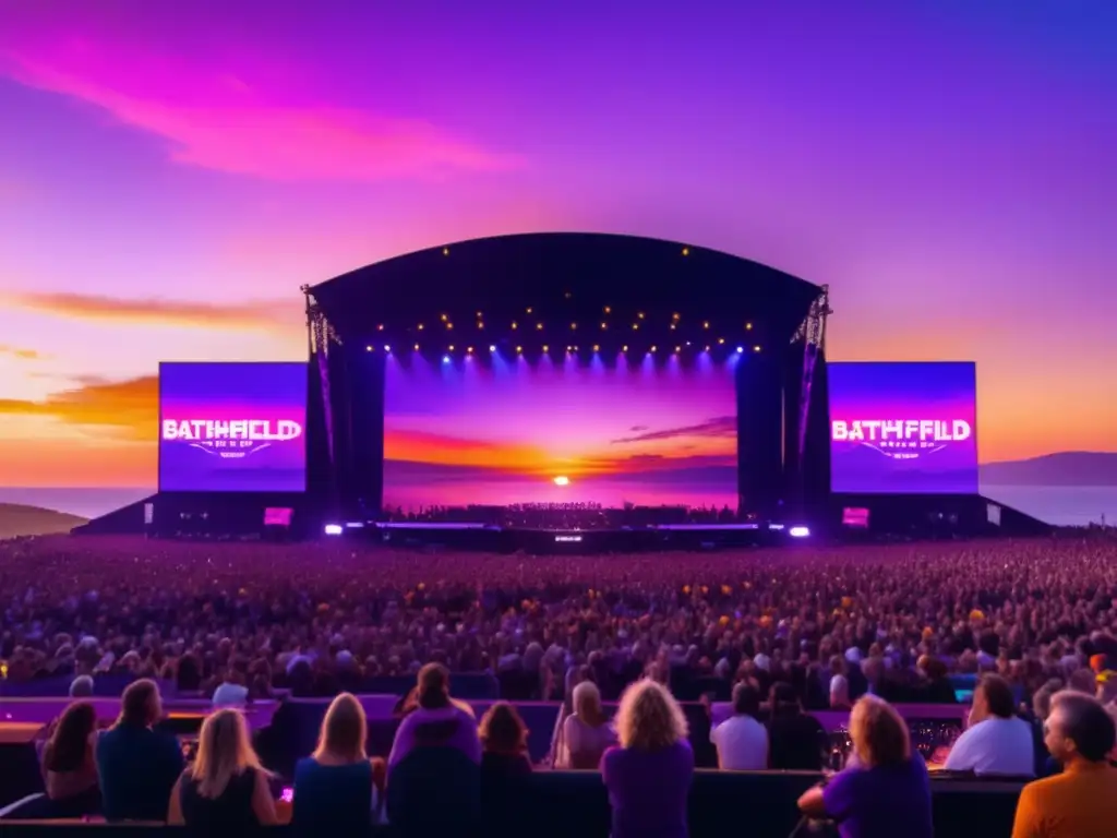 Festival de música en vivo con escenario iluminado y multitud emocionada