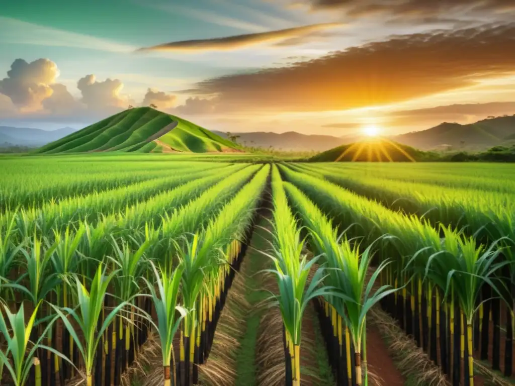 Fotografía mágica de campo de caña de azúcar colombiano al atardecer