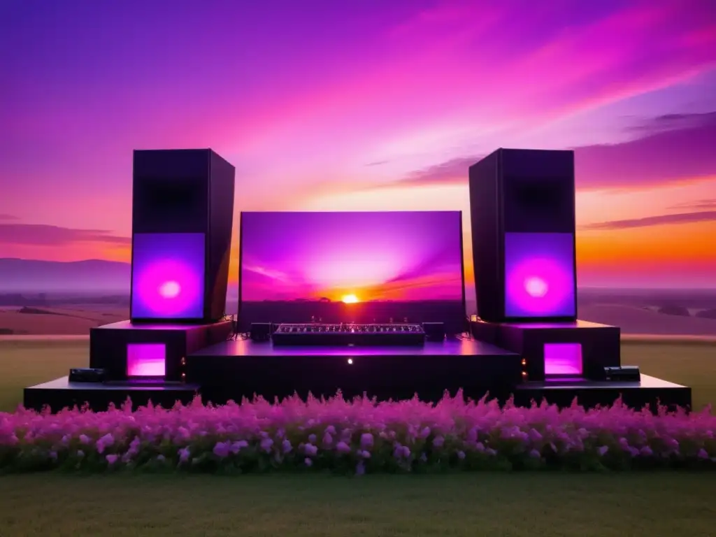 Escena impresionante de un festival musical con vibrante energía y paisaje al atardecer