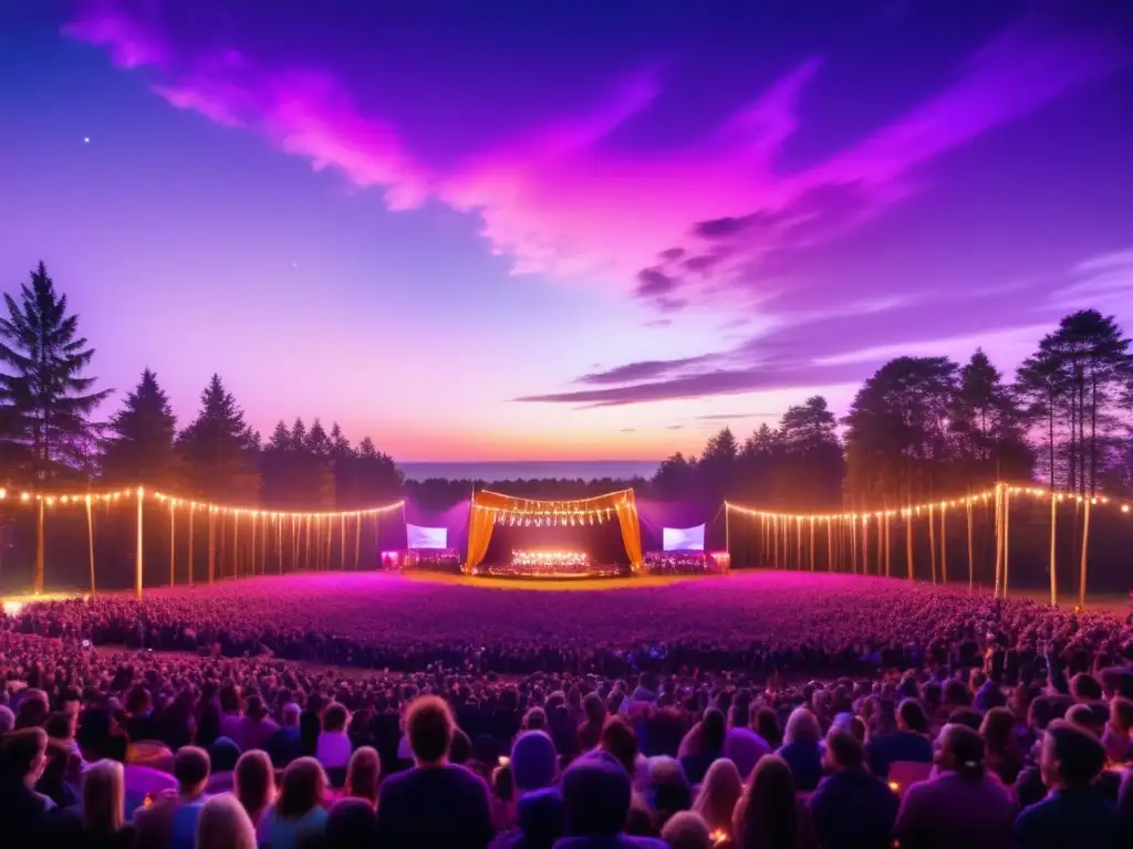 Impacto de festivales en música: campo iluminado al atardecer, con escenario, luces, multitud diversa y música