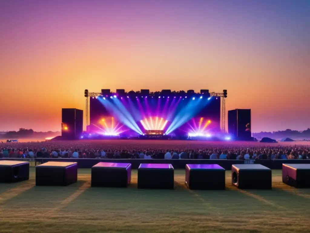 Espectacular campo abierto bañado en luz dorada del atardecer, con escenario, luces y altavoces para un festival de rock