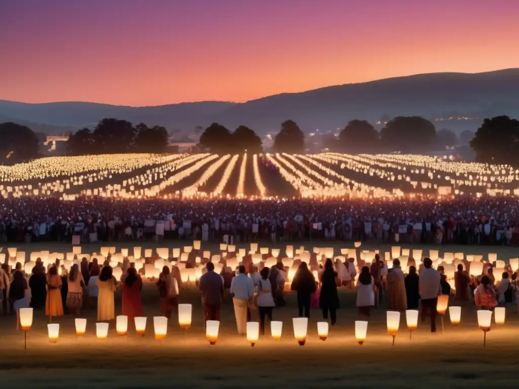 Festival de protesta y tradiciones: campo abierto lleno de gente unida en solidaridad, iluminado por cientos de linternas de velas