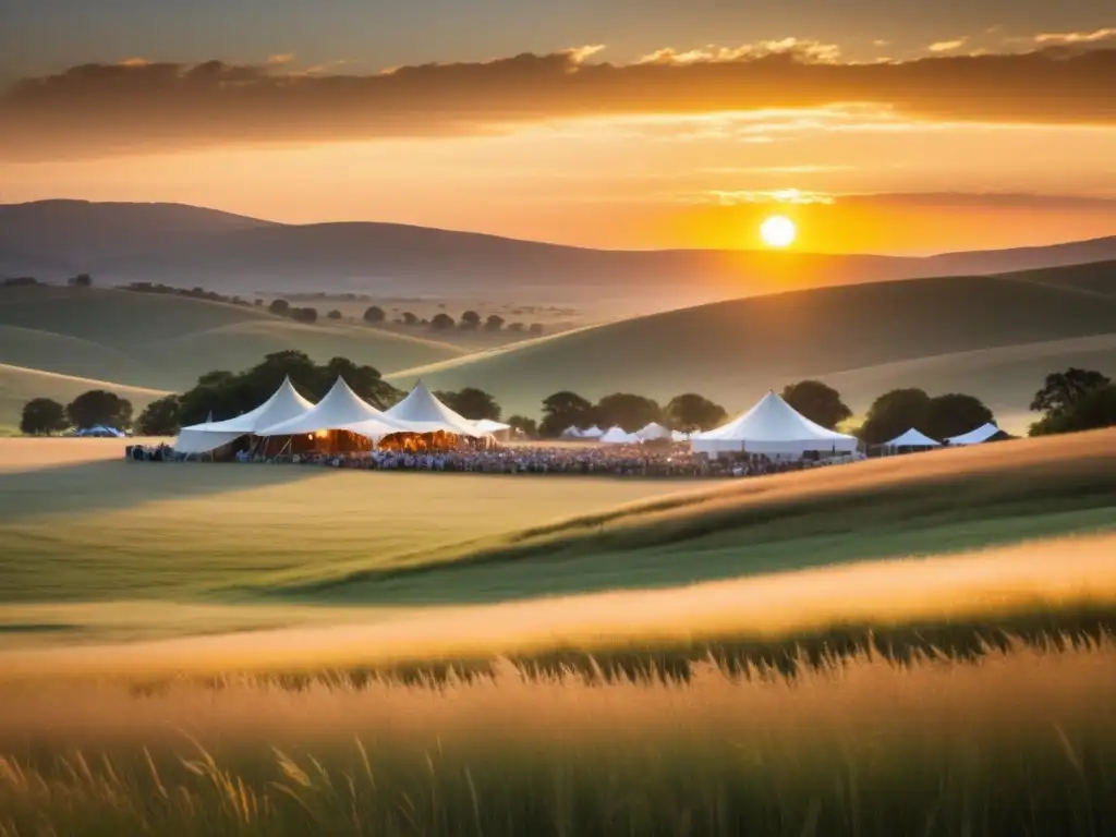 Imagen de un campo en el atardecer con un festival de música en curso