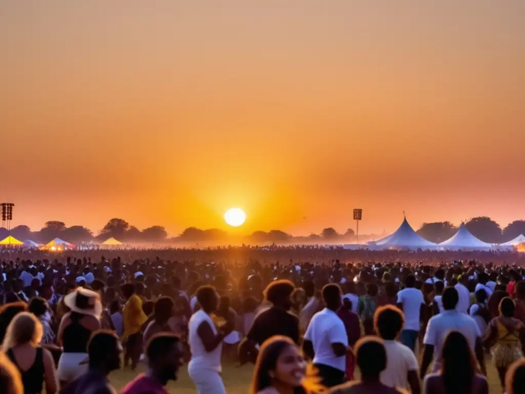 Impacto de festivales en música: multitud vibrante bajo el sol, escenario deslumbrante y música transformadora