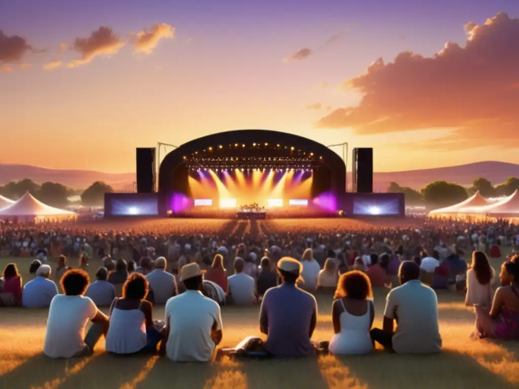 Campo abierto al atardecer, lleno de gente celebrando festivales de música tradicionales