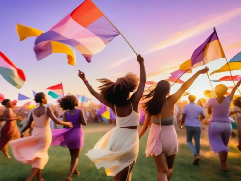 Impacto festivales roles género - Campo soleado con banderas de festival, gente diversa disfrutando actividades alegres y inclusivas