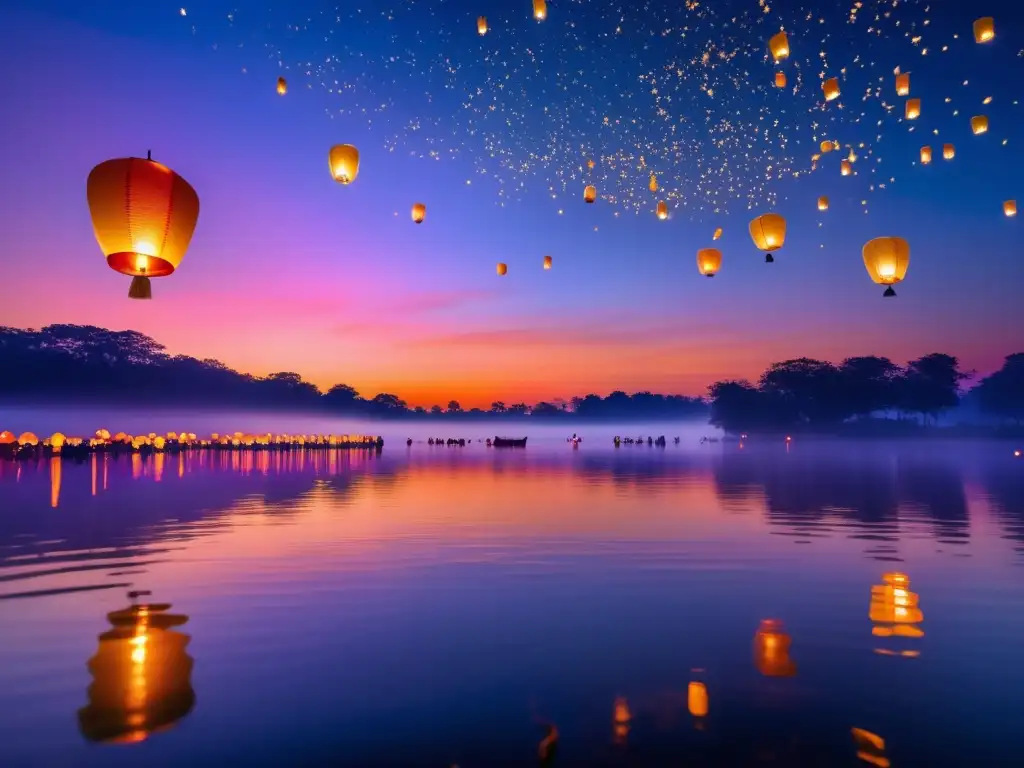 Campo abierto al atardecer con cientos de linternas flotantes, estrellas en el cielo y un lago