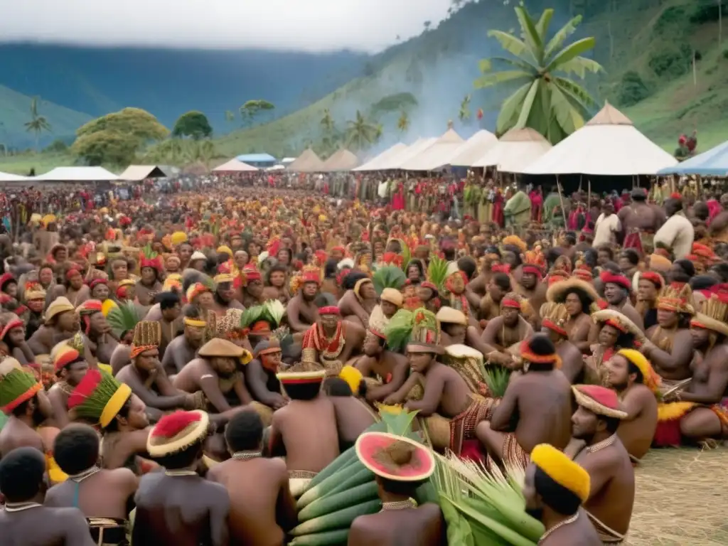 Festival Yam en Papúa Nueva Guinea: escena vibrante y llena de tradición, con montañas verdes y música tradicional