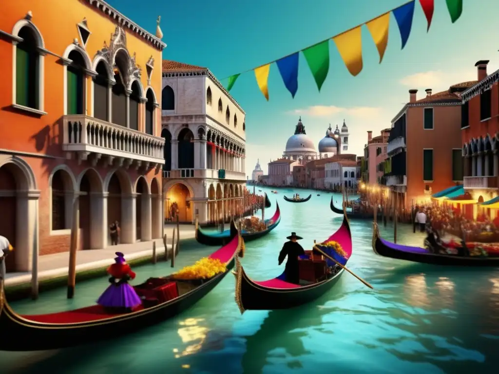 Imagen del Carnaval de Venecia: una canal veneciana llena de vida, con máscaras venecianas, góndolas y decoraciones vibrantes - Campo_por_completar