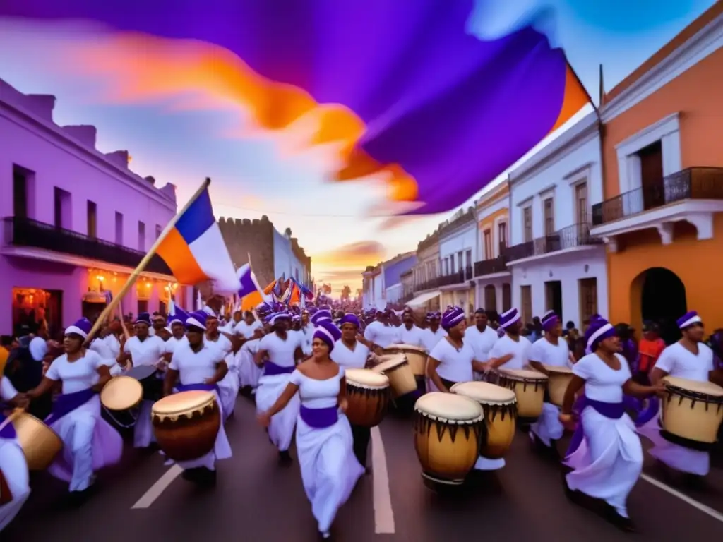 Festival de Candombe en Uruguay, vibrante imagen con tambores, banderas y espectadores en la calle