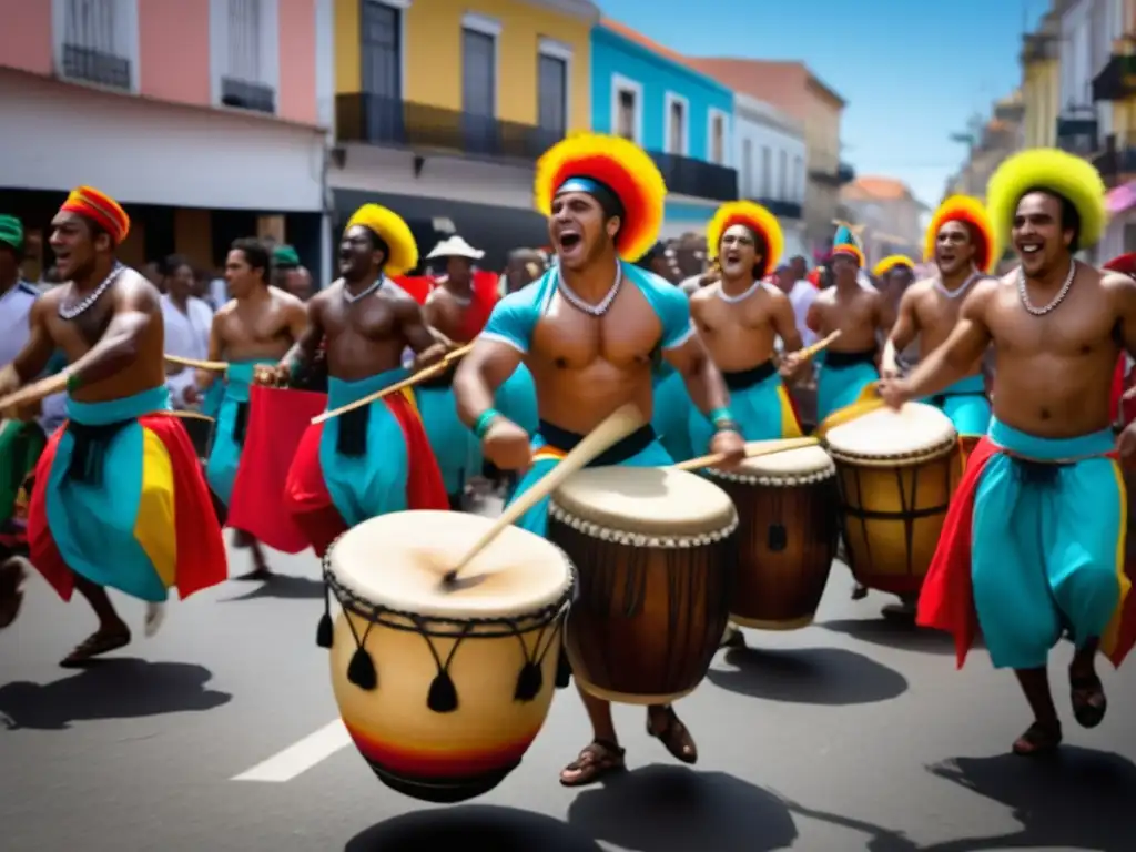 Festivales de Candombe Uruguayo: Vibrante escena de tamborileo y danza en la calle durante una celebración llena de energía y color