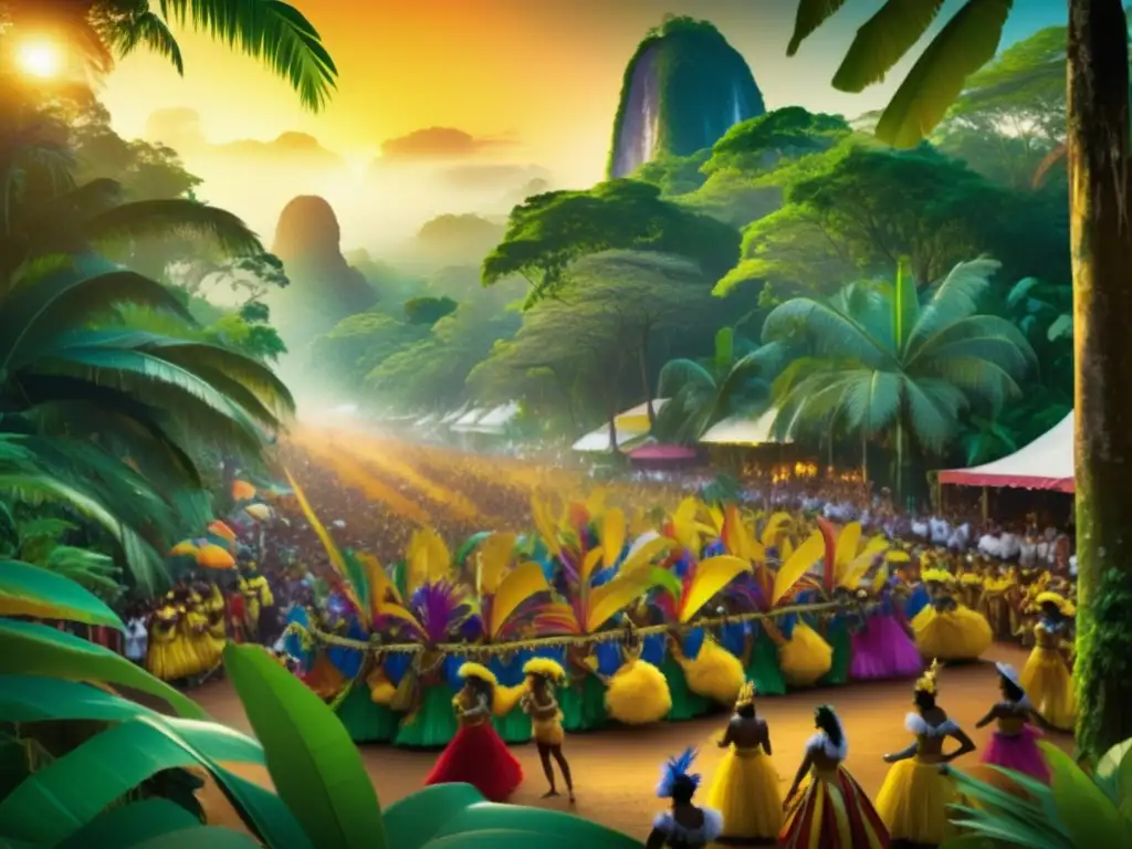 Festivales tradicionales de Brasil y la cachaça en un escenario de selva tropical: una escena vibrante y detallada de un carnaval brasileño