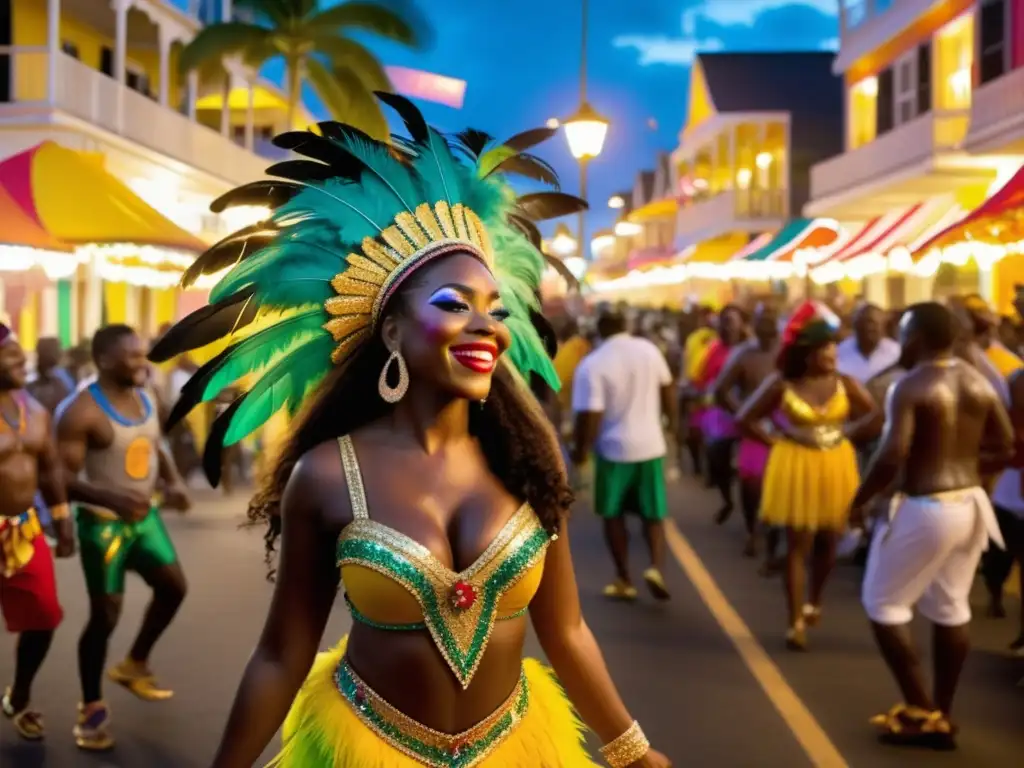 Importancia del ron en carnavales caribeños: vibrante imagen con fiesta, colores, música y deliciosas variedades de ron