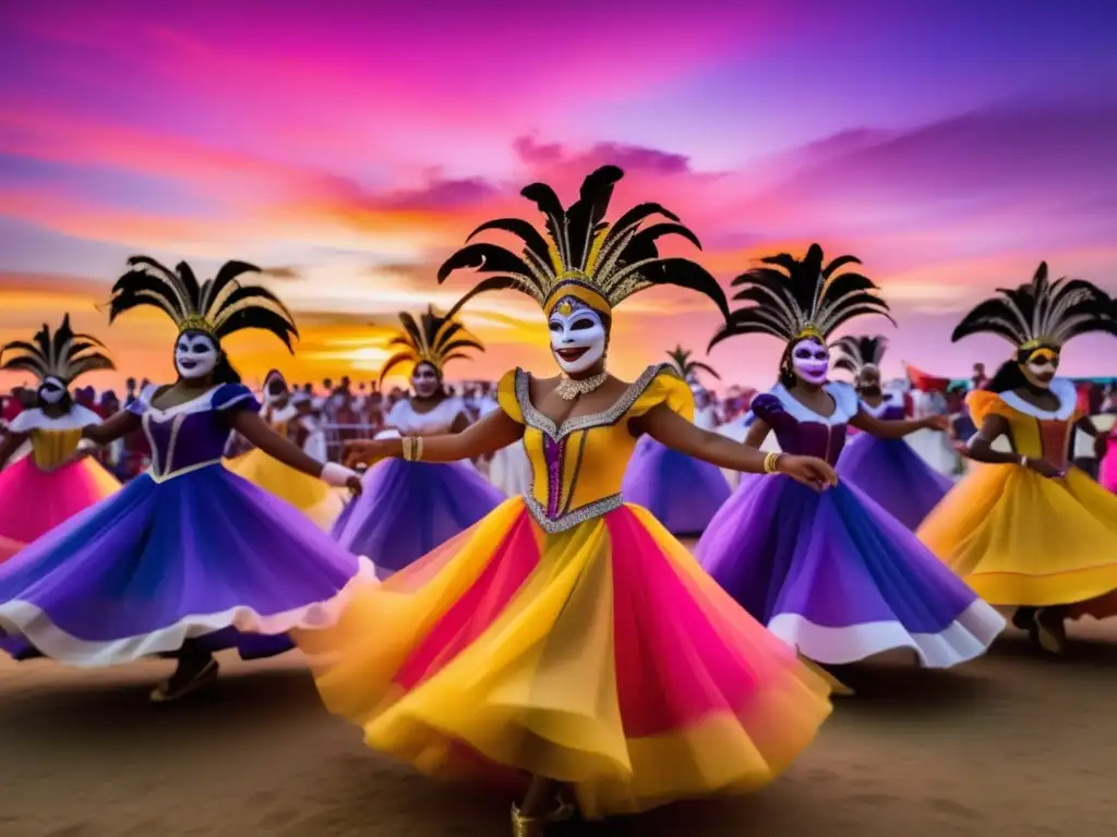 Importancia histórica Carnaval Barranquilla: Danza, color y magia en un atardecer vibrante y etéreo