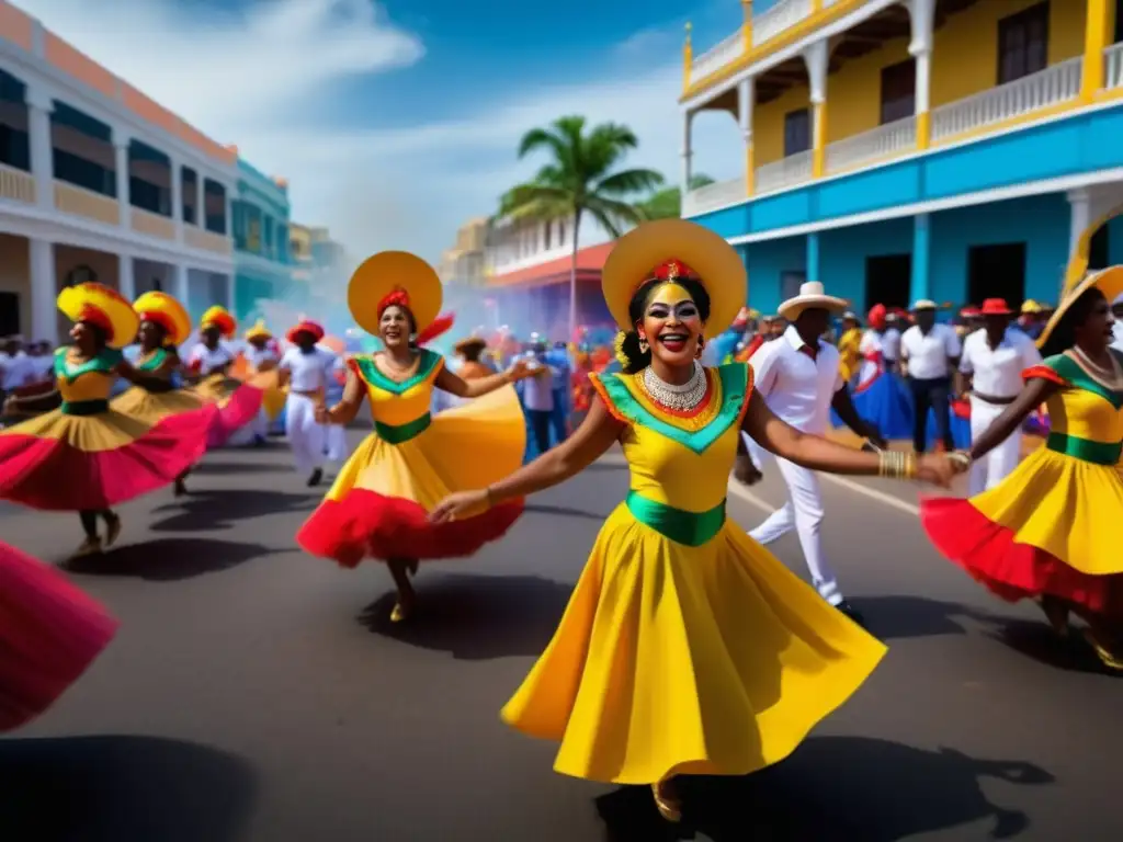 Celebración cultural del Carnaval de Barranquilla: vibrante escena callejera que muestra la importancia histórica de este evento festivo