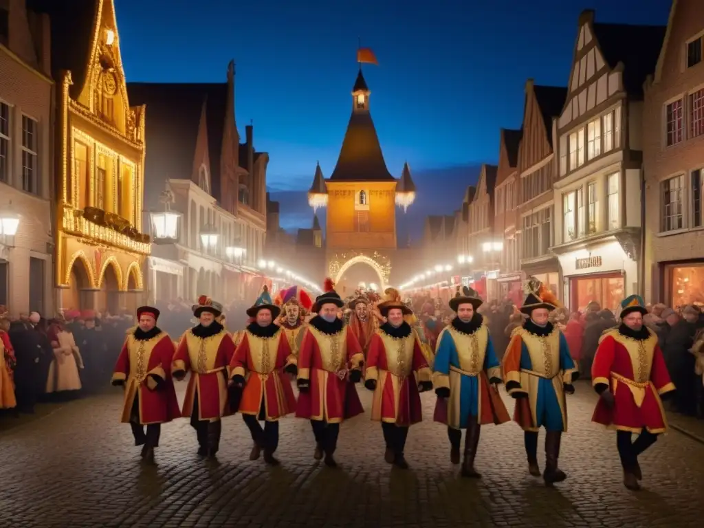 Imagen nocturna del Carnaval de Binche: una celebración tradicional belga llena de color y alegría