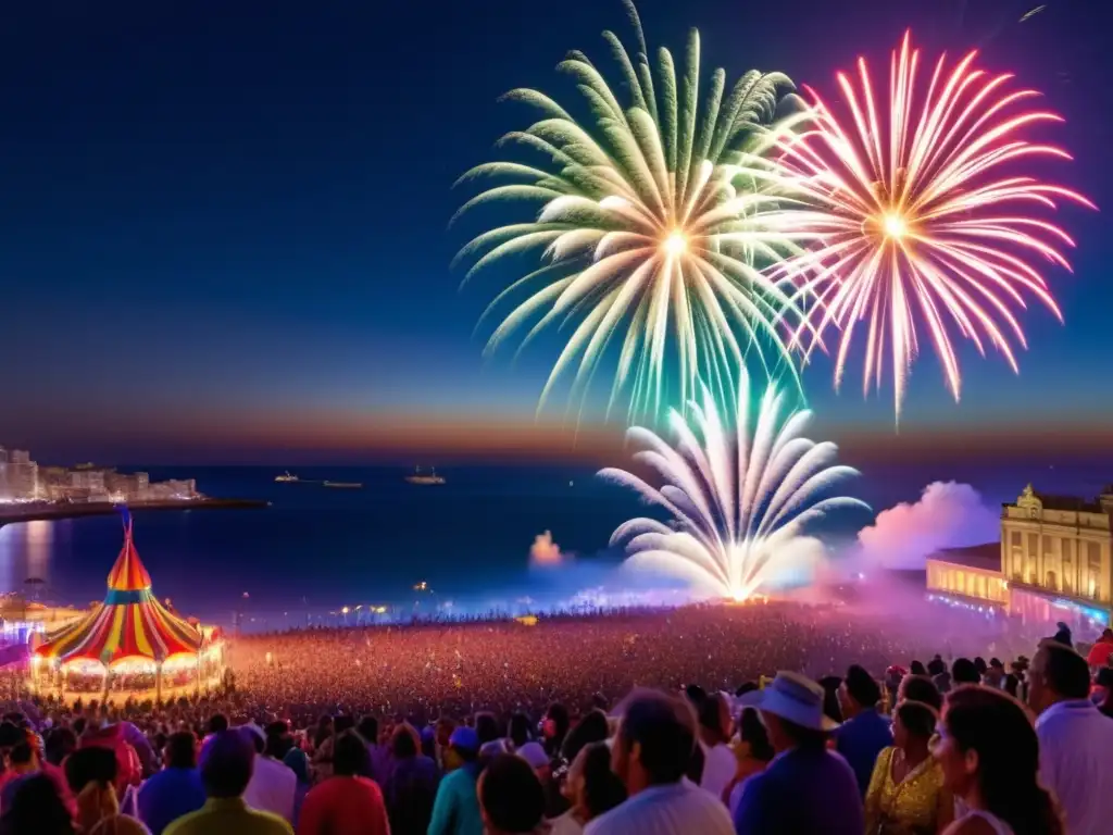 Vibrante escena del Carnaval de Montevideo, tradición y encanto en un deslumbrante espectáculo nocturno