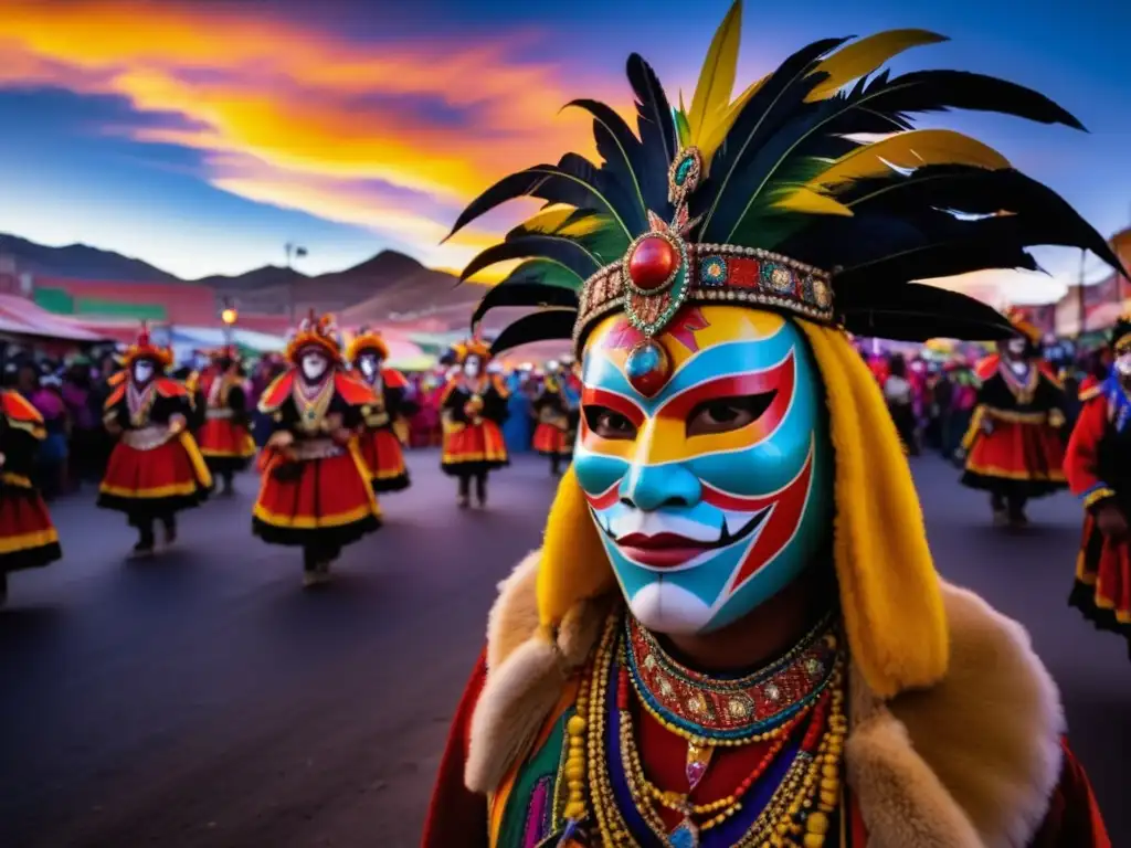 Tradiciones del Carnaval de Oruro en Bolivia: una imagen mágica del desfile con colores vibrantes, trajes elaborados y una atmosfera etérea