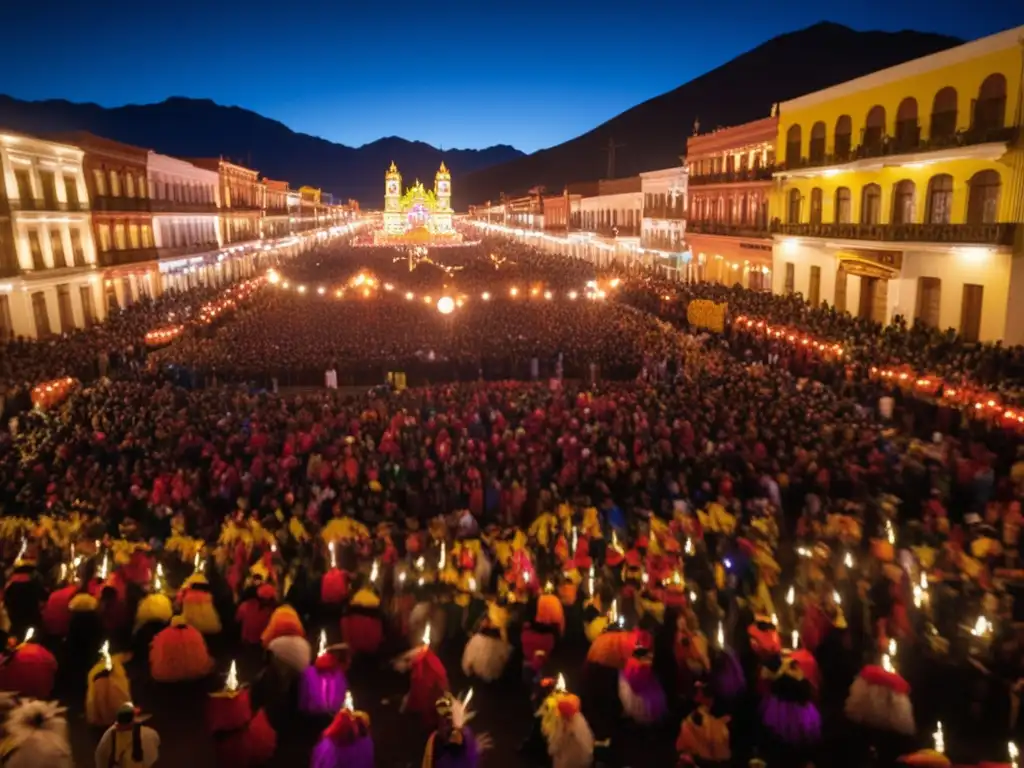 Tradiciones del Carnaval de Oruro en Bolivia, vibrante y mágico desfile nocturno de diabladas, música y trajes tradicionales