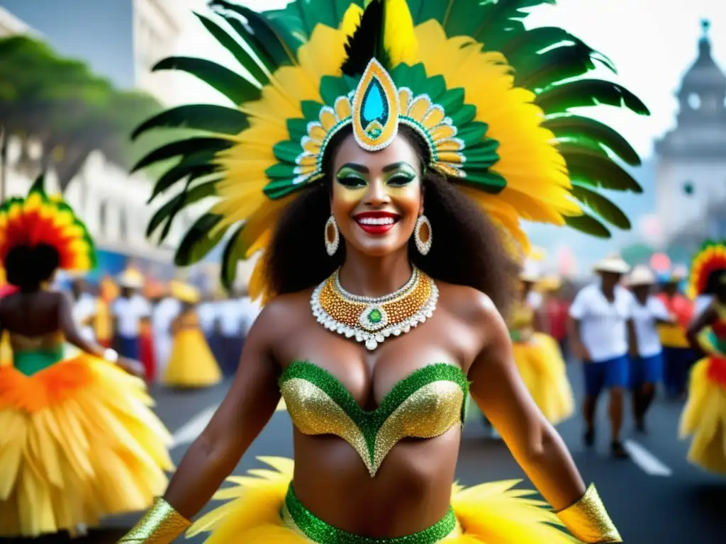 Carnaval en Río de Janeiro: Desfile vibrante de samba con coloridos trajes y espectadores entusiastas