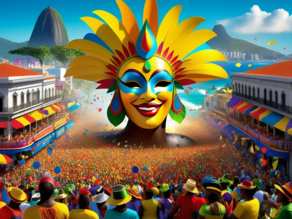 Carnaval de Río: vibrante desfile de trajes, danzas samba y floats, con icónicos paisajes de Río de Janeiro