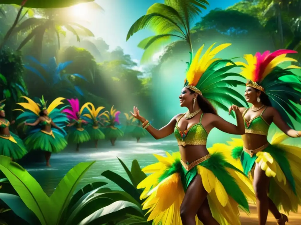 Guía completa del Carnaval de Río: escena mágica y vibrante con samba dancers y exuberante naturaleza