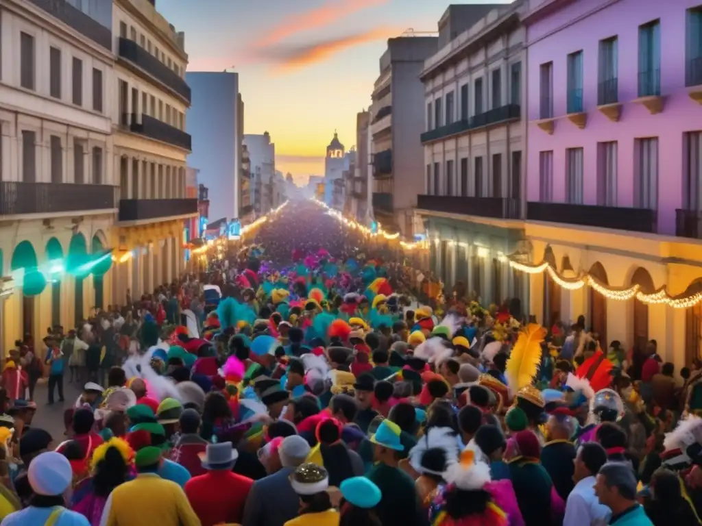 Carnaval de Montevideo: Una imagen etérea y realista de una bulliciosa calle durante el Carnaval de Montevideo