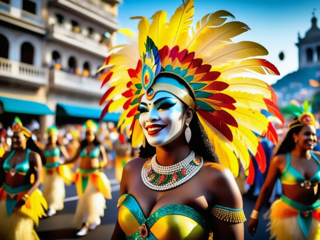 Tradiciones festivas en Rio de Janeiro, Brasil - procesión de carnaval con coloridos trajes y carrozas adornadas