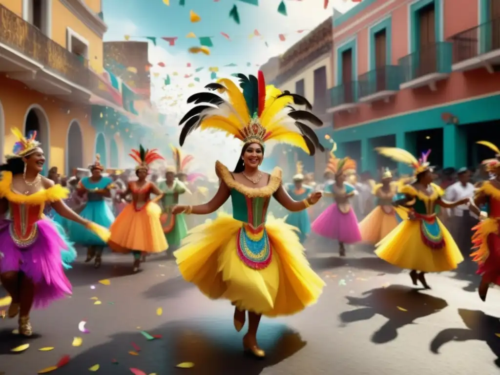 Festivales tradicionales en América Latina: vibrante procesión carnavalesca con trajes coloridos, plumas, música y alegría