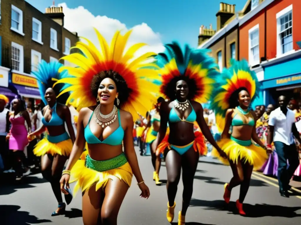 Festivales tradicionales en Londres: Vibrante escena callejera del Carnaval de Notting Hill, con coloridos trajes y energía festiva