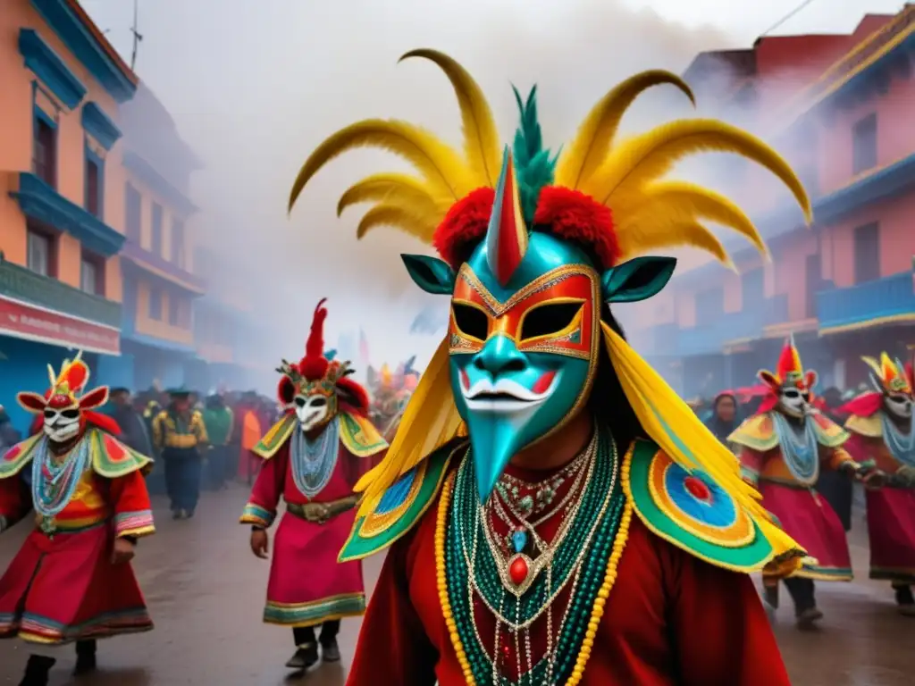 Tradiciones del Carnaval de Oruro en Bolivia, diablos danzando en las calles con la majestuosa Basílica de Nuestra Señora del Socavón al fondo