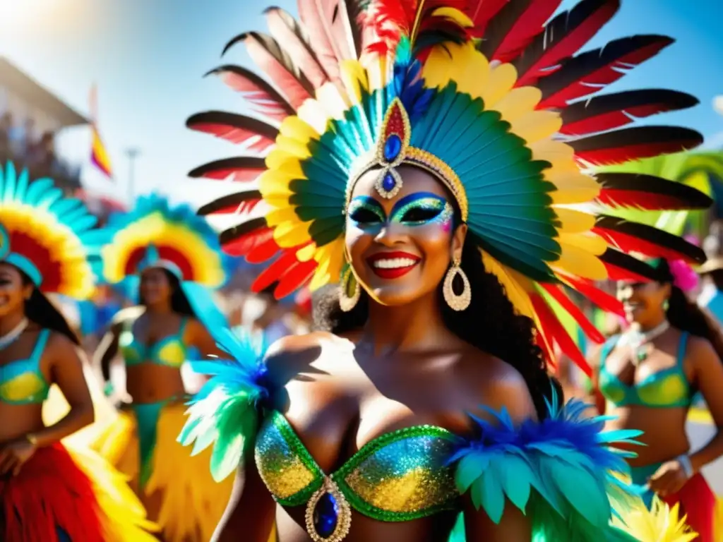 Escena vibrante del Carnaval de Río de Janeiro con danzantes de samba en trajes exuberantes y espectadores en atuendos tradicionales