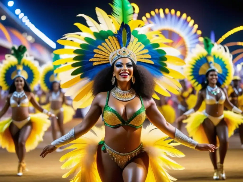 Escena vibrante del Carnaval de Río con Samba, destacando el ritmo y la belleza de los trajes de los bailarines