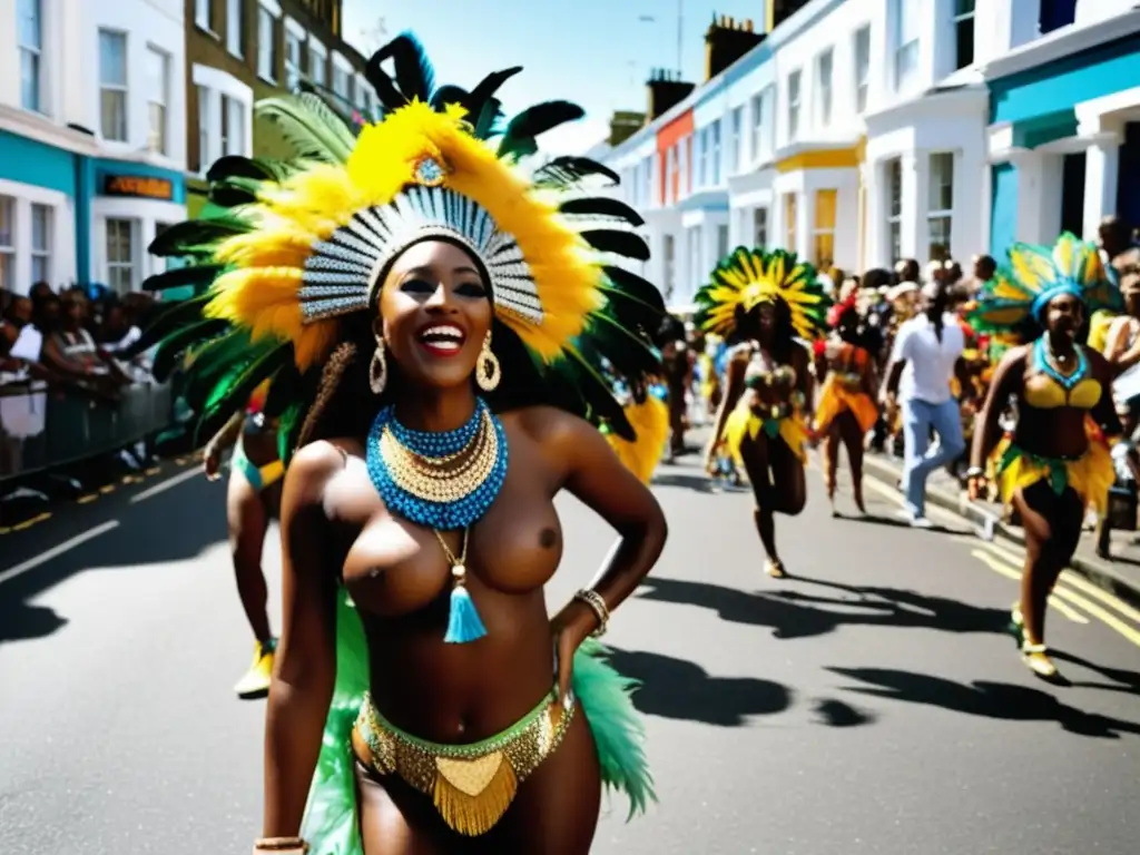 Escena vibrante del Carnaval de Notting Hill en Londres: festivales tradicionales llenos de color, música y delicias caribeñas