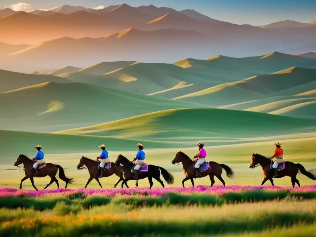 Festival Carreras Caballos Mongolia: escena impresionante de jinetes adornados y poderosos caballos en paisaje pintoresco