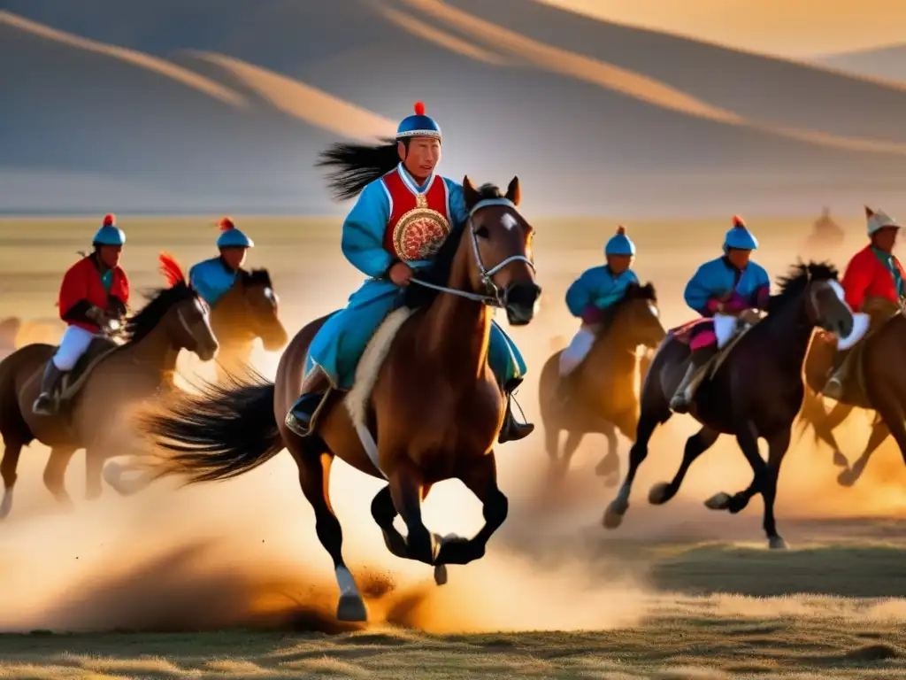 Festival Carreras Caballos Mongolia: Esencia mágica en la estepa mongola, jinete y caballo galopan en un sueño surrealista